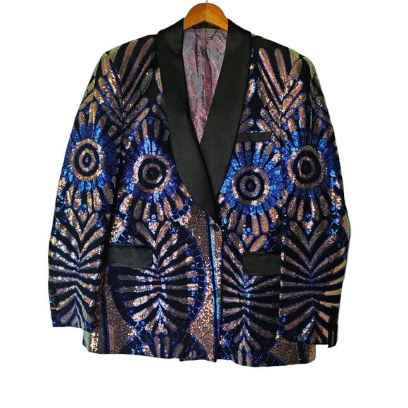 BARABAS Men's Sequin Geometric Pattern Black Blue Blazer 46 2XL New With tags - Picture 3 of 14